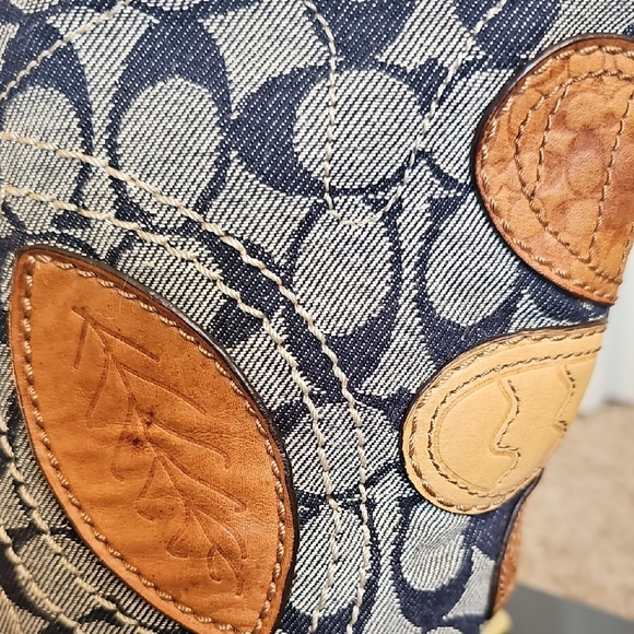 COACH 2007 BLEECKER DENIM C FLORAL DUFFLE WHISKEY LEATHER FLOWER BAG 11781 Rare - Picture 7 of 14